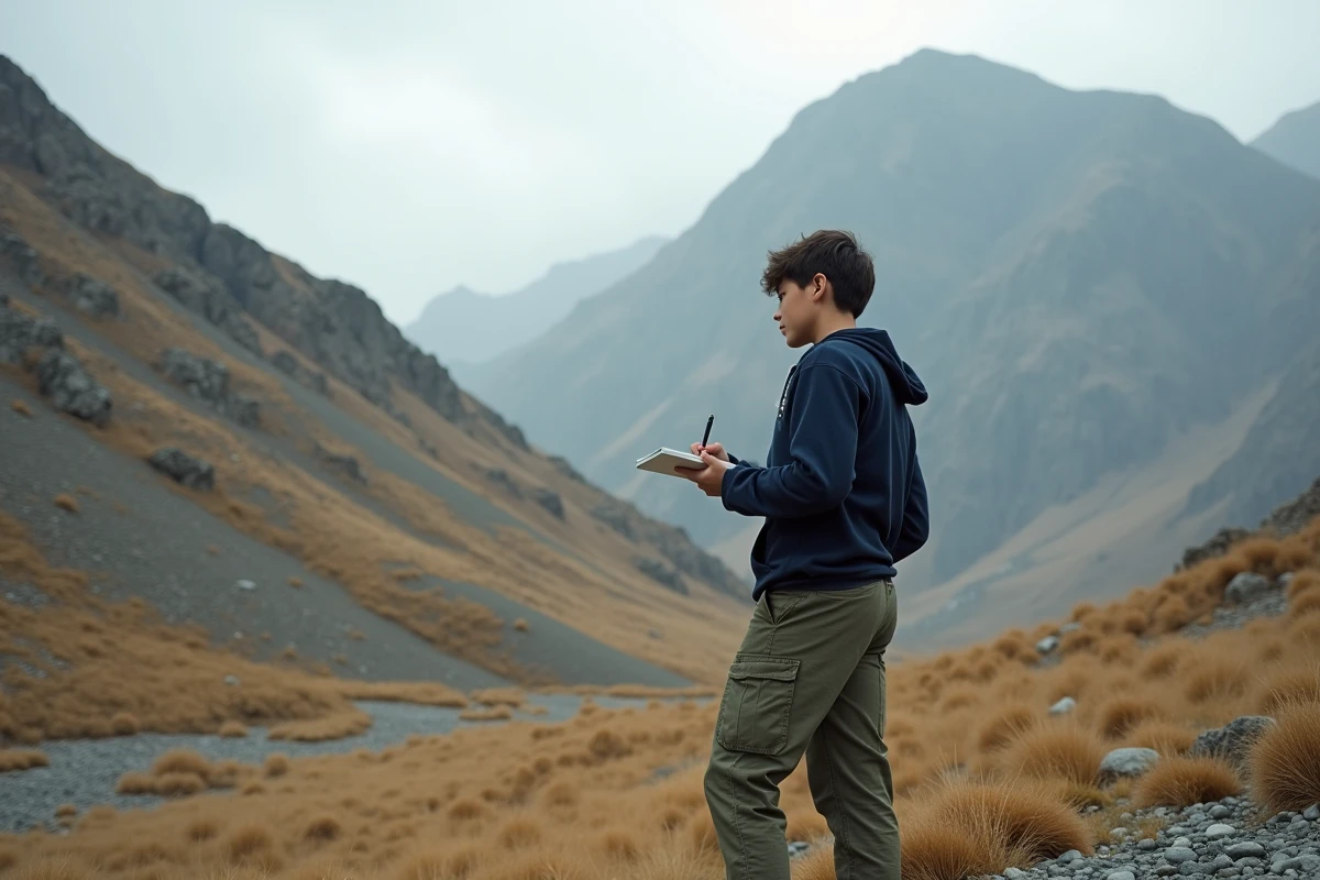 Jeune garçon observant la montagne avec un carnet