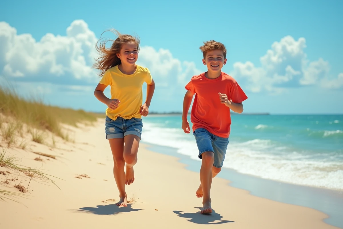 Deux adolescents courant sur la plage pendant les vacances scolaires estivales organisées par Iris Vacances