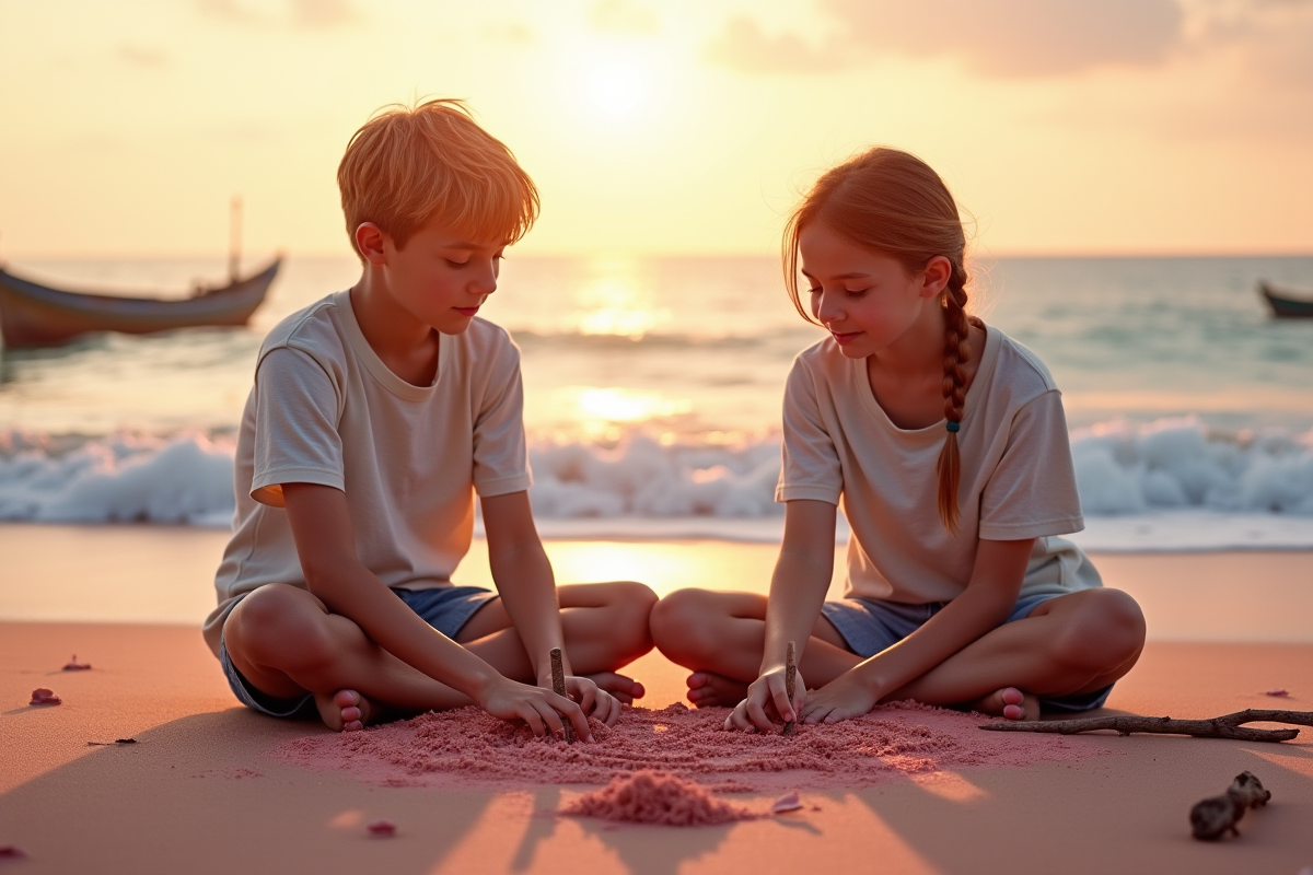 Adolescents dessinent des symboles mythologiques dans le sable