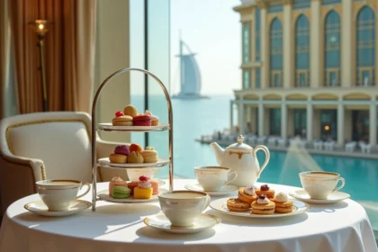 Service d'afternoon tea luxueux au Burj Al Arab avec pâtisseries sur présentoir en argent et vue sur le Golfe Arabique