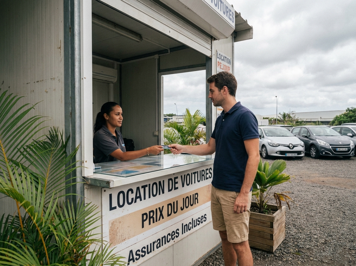 Homme louant une voiture à prix abordable au comptoir d'une agence à l'aéroport de La Réunion