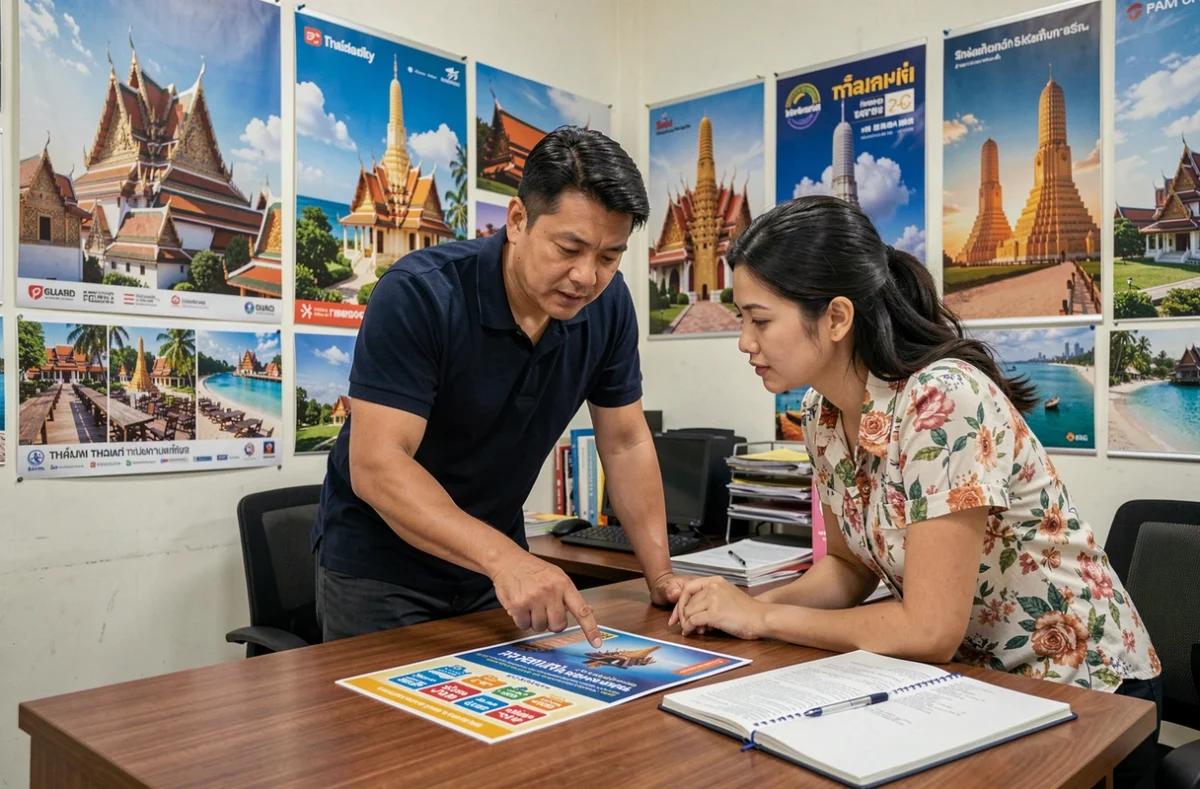 Agent de voyage présentant des offres de vols gratuits vers la Thaïlande à une cliente