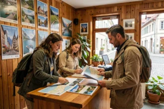Groupe de voyageurs dans une agence de voyages du Grand Est consultant des brochures touristiques