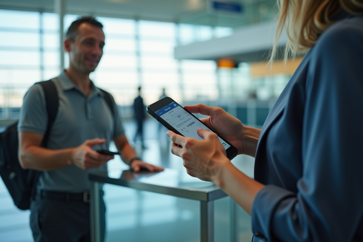 Agent aéroport scannant un téléphone portable à la porte d