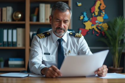 Agent de douane homme en uniforme examine des documents