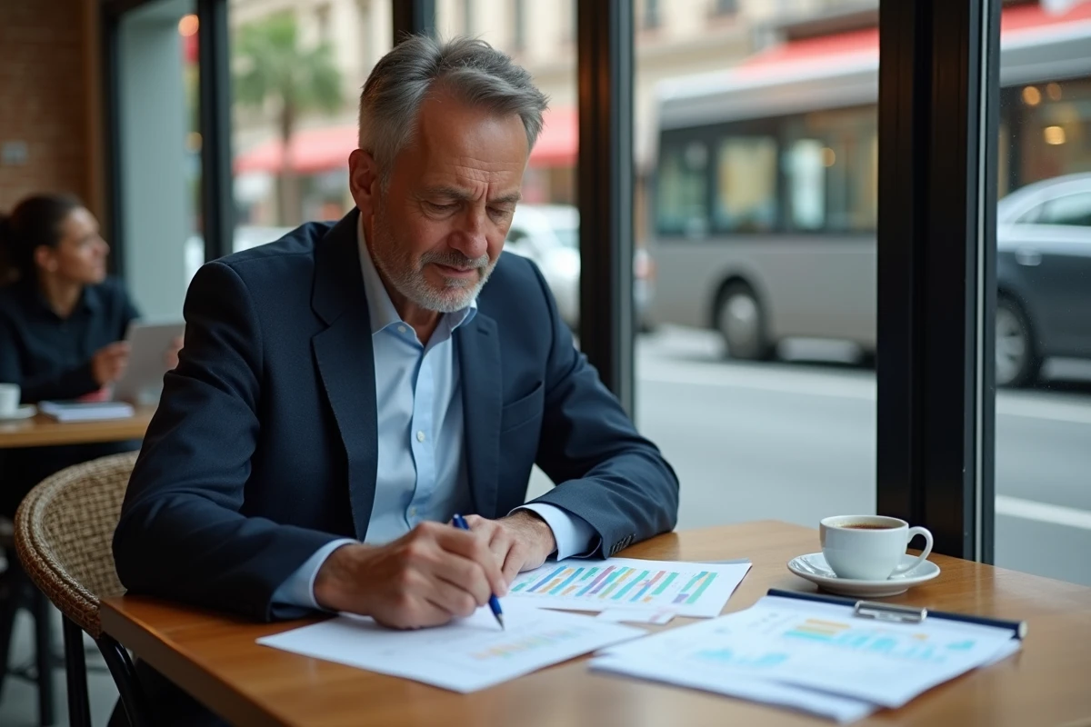 Agent de voyage analysant factures dans un café