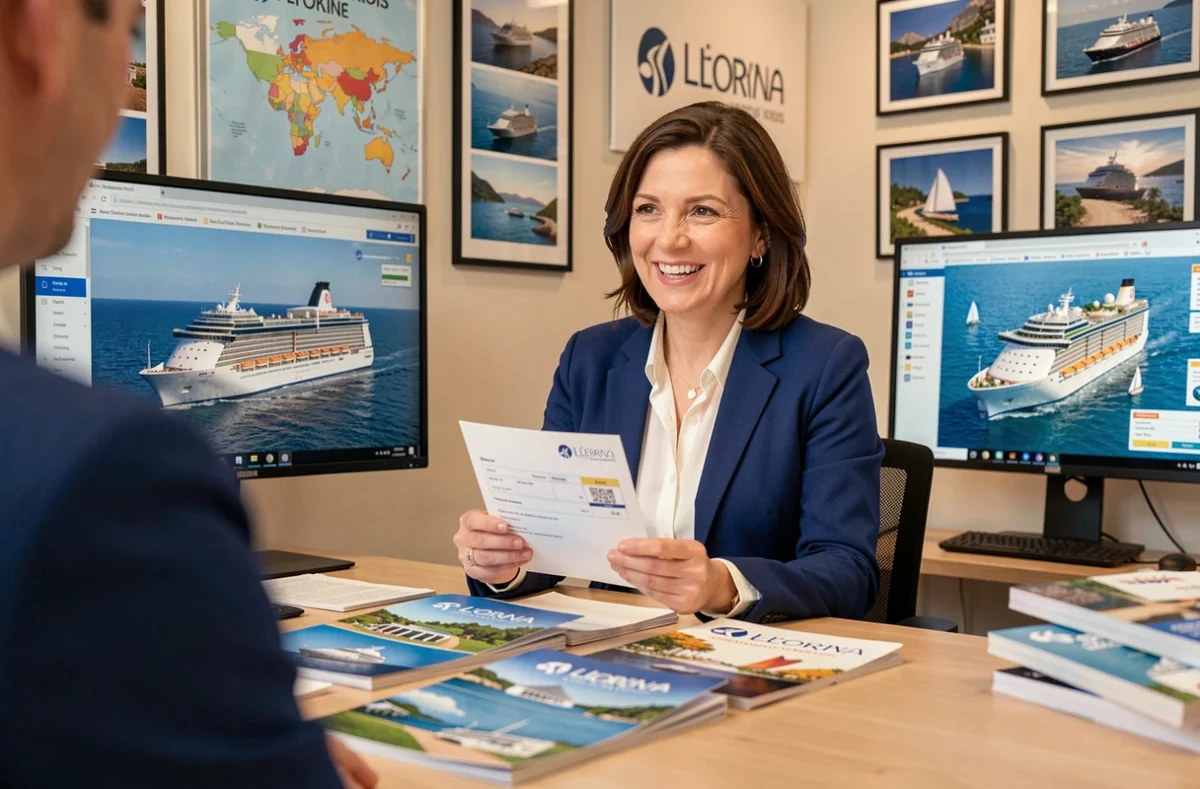 Agente de voyage souriante conseillant un client pour la réservation anticipée d'une cabine sur un paquebot de croisière de grande taille