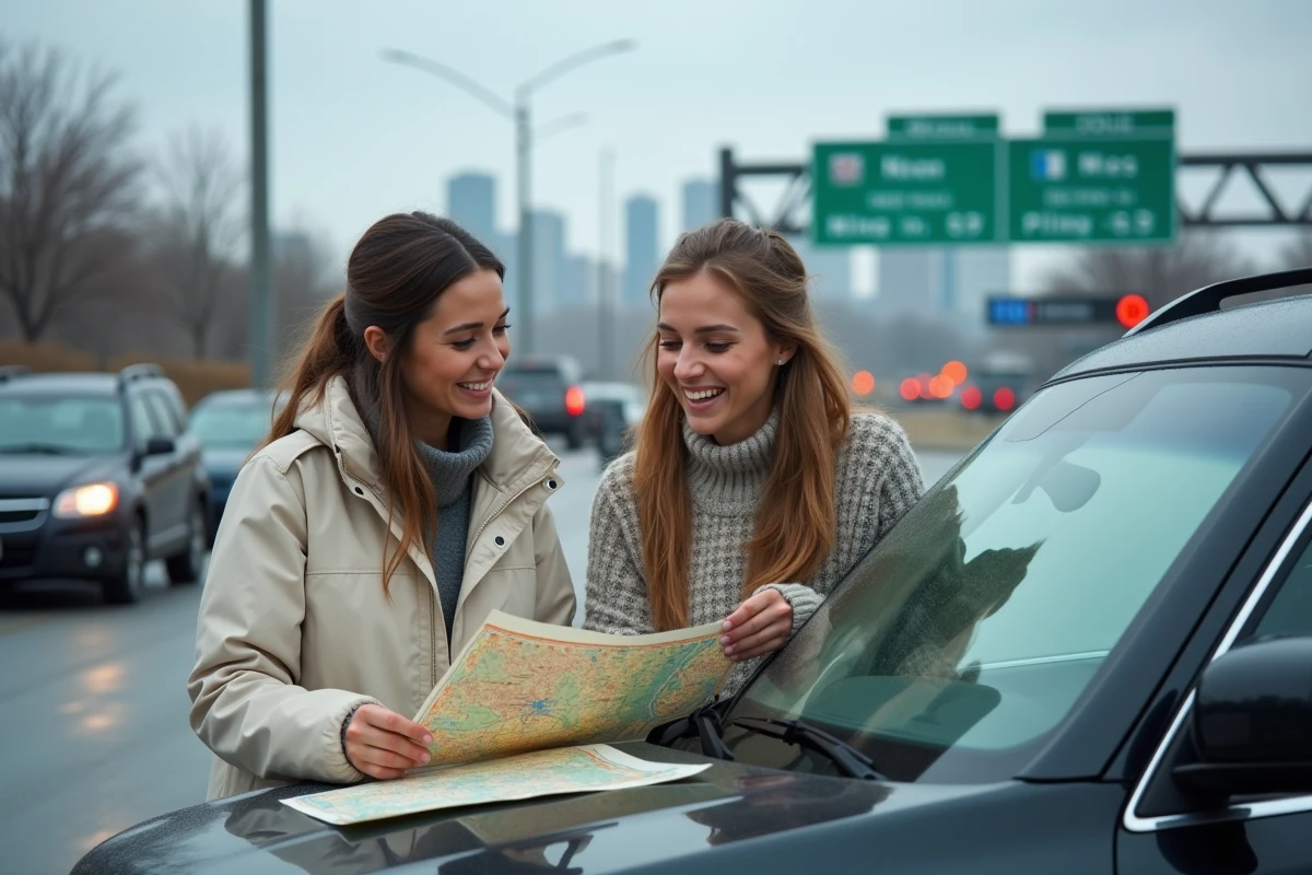 Deux femmes rieuses au poste frontière de Montréal