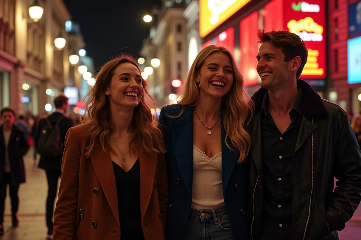 Groupe d amis sortant d un theatre à Piccadilly