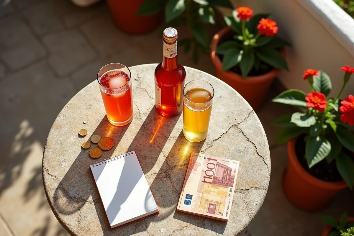 Vue aérienne d'une table en terrasse espagnole avec des boissons alcoolisées locales, des euros et un carnet de budget, symbolisant le coût de l'apéro en Espagne
