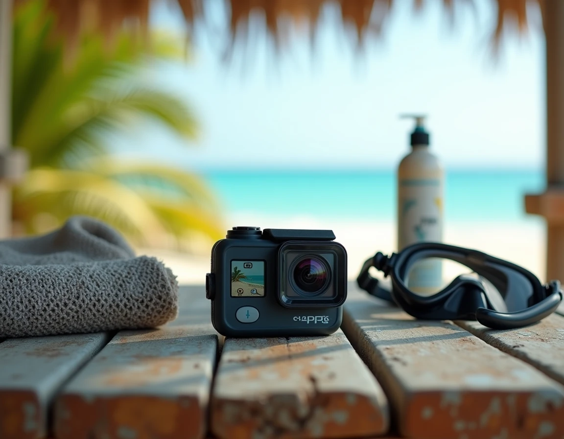 Appareil photo sous-marin compact posé sur une table en bois avec masque de snorkeling et accessoires de plage