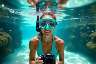 Femme en snorkeling tenant un appareil photo sous-marin compact dans une eau tropicale claire avec récif corallien