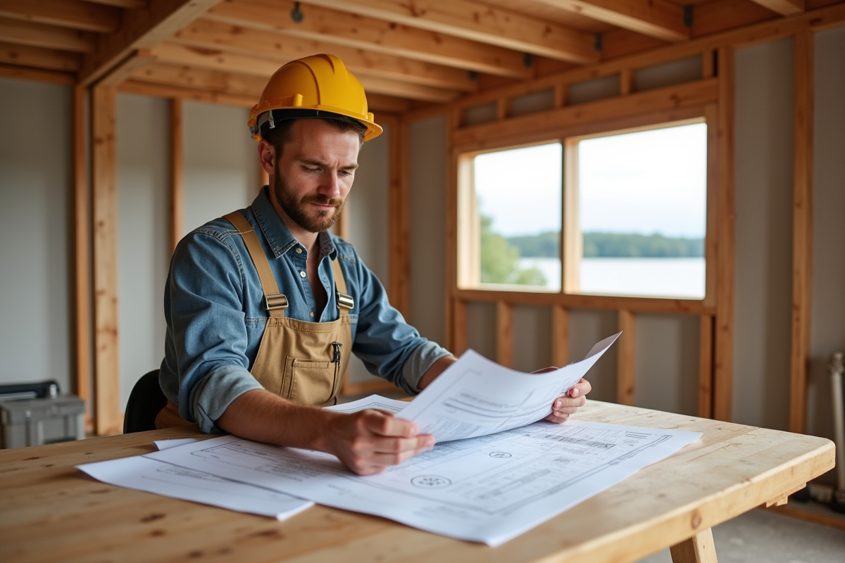 Architecte examinant plans dans maison flottante en construction