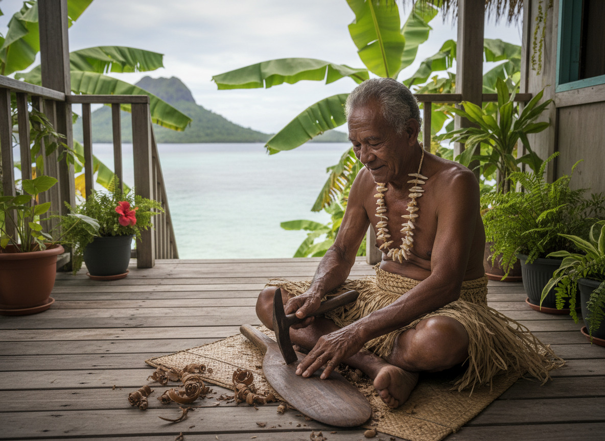 Artisan polynesien sculptant une pagaie en bois