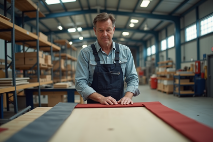 Artisan en overalls assemblant panneaux de caravane rouge