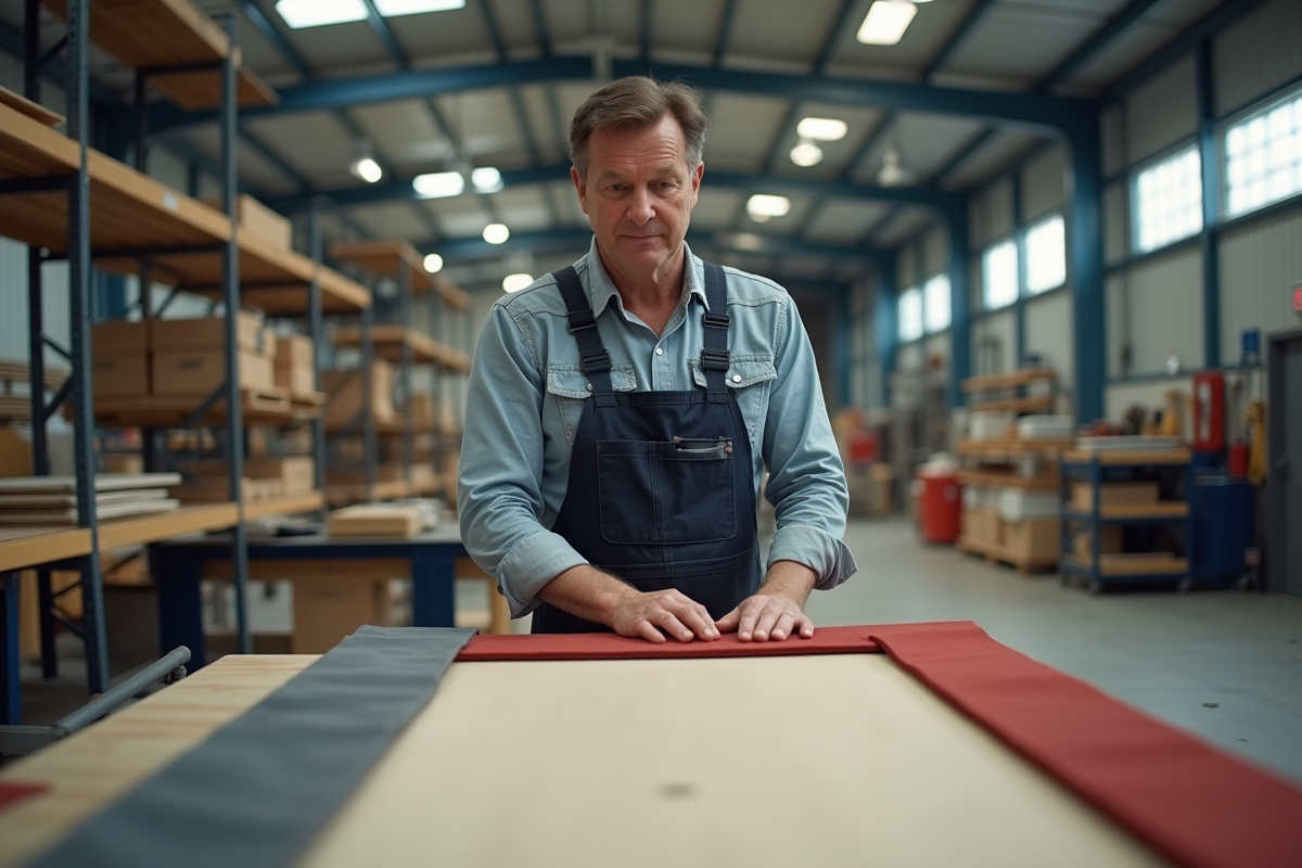 Artisan en overalls assemblant panneaux de caravane rouge