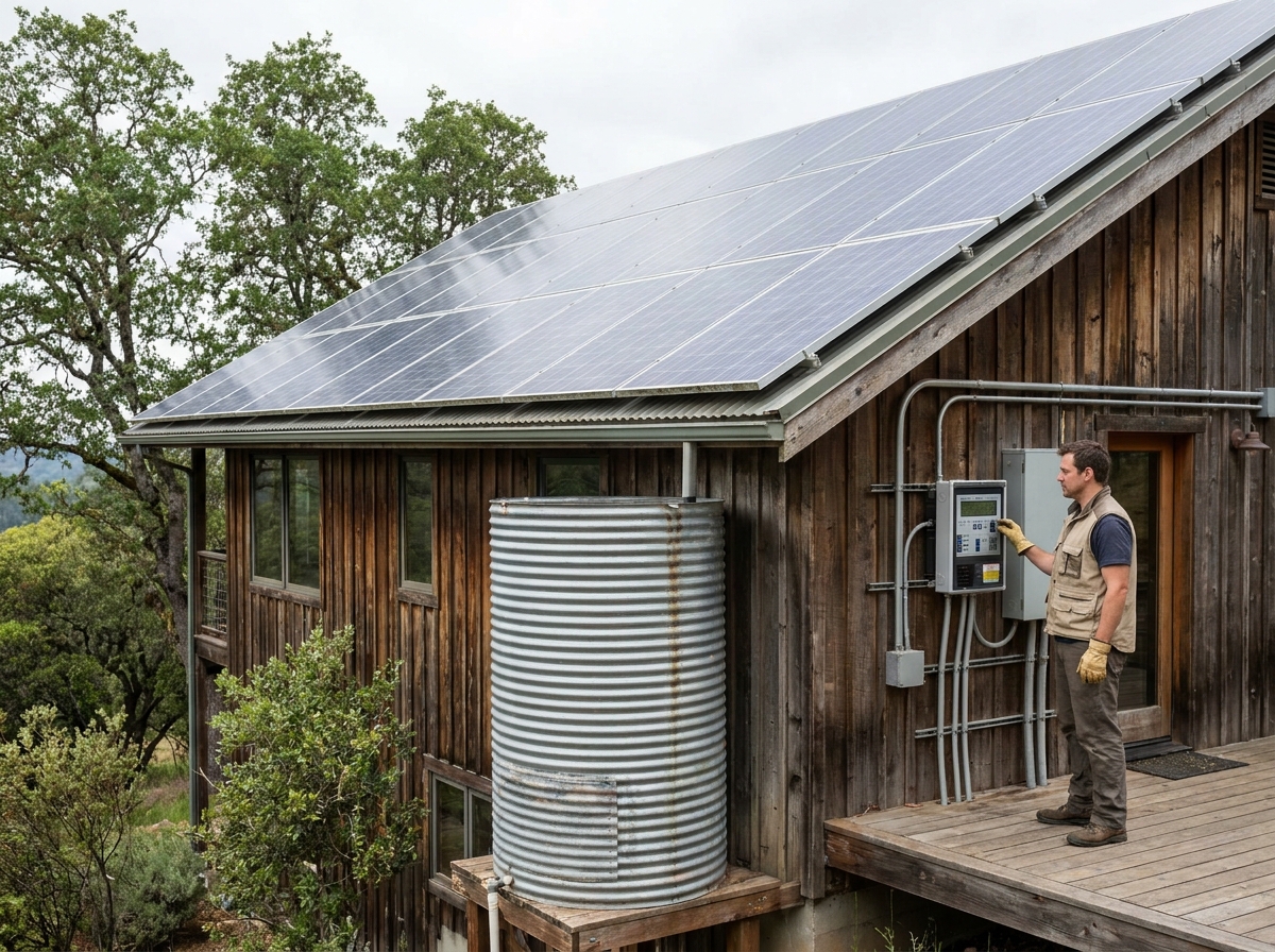 Technicien vérifiant le tableau de monitoring énergétique d'un éco-lodge équipé de panneaux solaires et d'une cuve de récupération d'eau de pluie