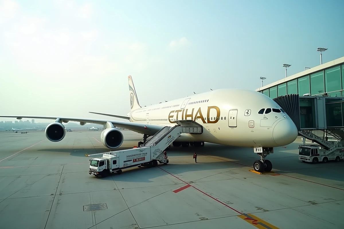 Avion Etihad Airways A380 stationné au terminal d'un aéroport international avec personnel au sol