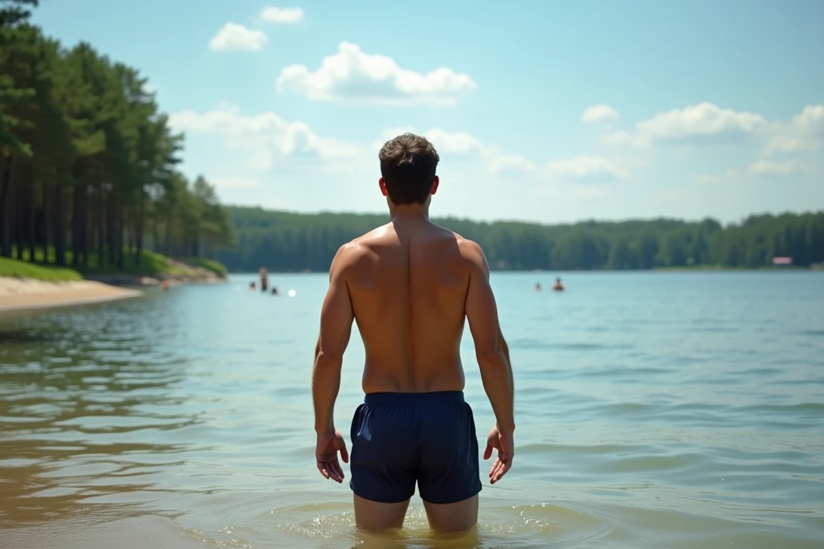 Homme debout dans les eaux d'un lac naturel de Berlin en été, dos tourné, contemplant l'horizon entouré de pins et de baigneurs au loin