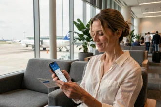 Femme tenant un billet d'avion subventionné dans un salon d'aéroport international