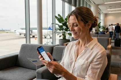 Femme tenant un billet d'avion subventionné dans un salon d'aéroport international