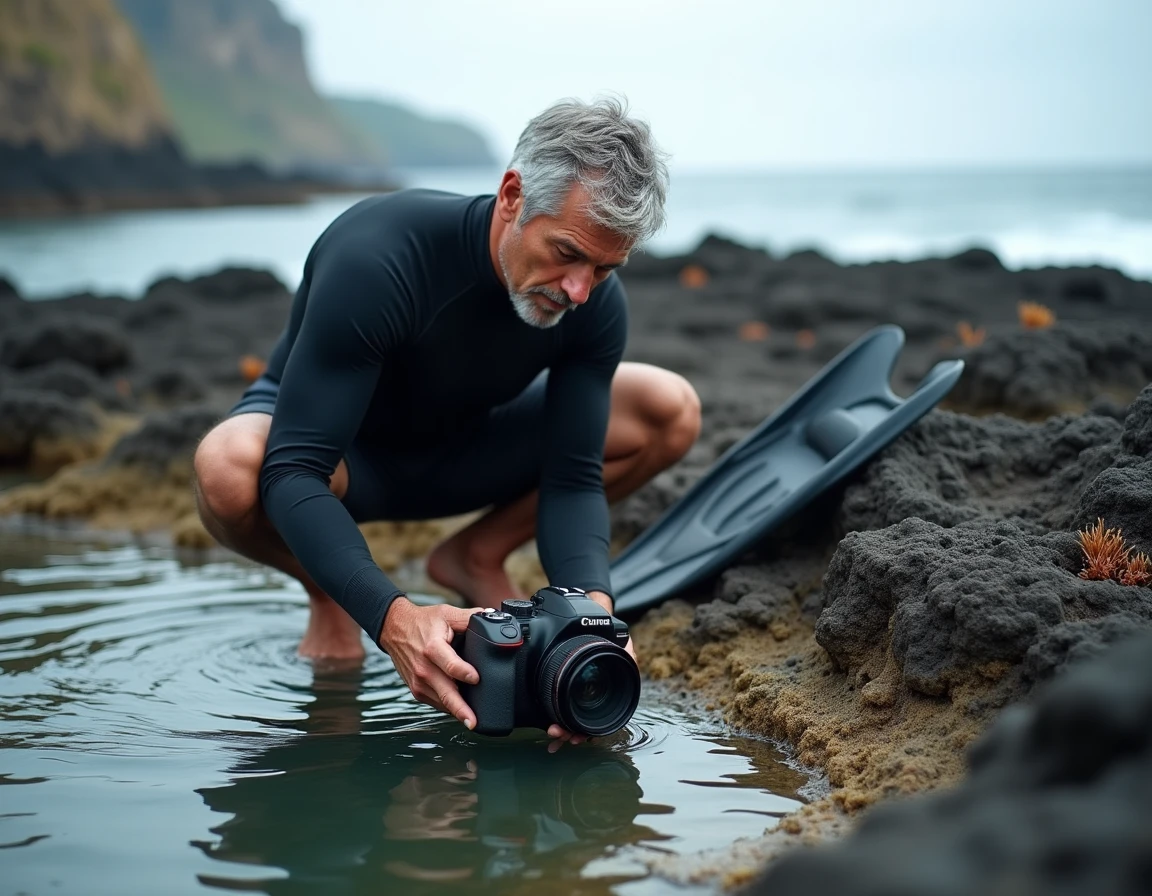 Plongeur en combinaison préparant un boîtier photo étanche au bord d'une côte rocheuse pour le snorkeling