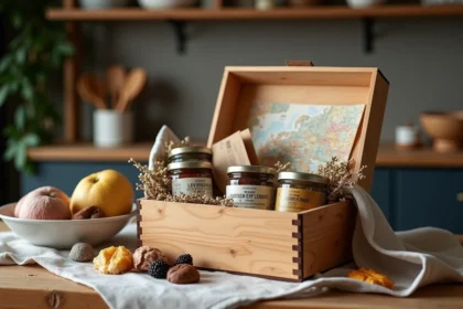 Box voyageuse ouverte sur une table en bois avec des produits artisanaux du monde entier, épices, chocolats et carte de recette