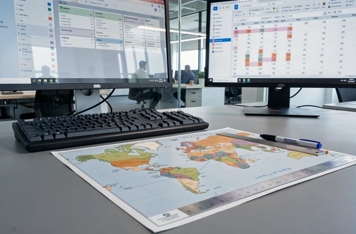Bureau d'entreprise avec une carte plastifiée des fuseaux horaires du monde posée à plat à côté d'un clavier et d'écrans
