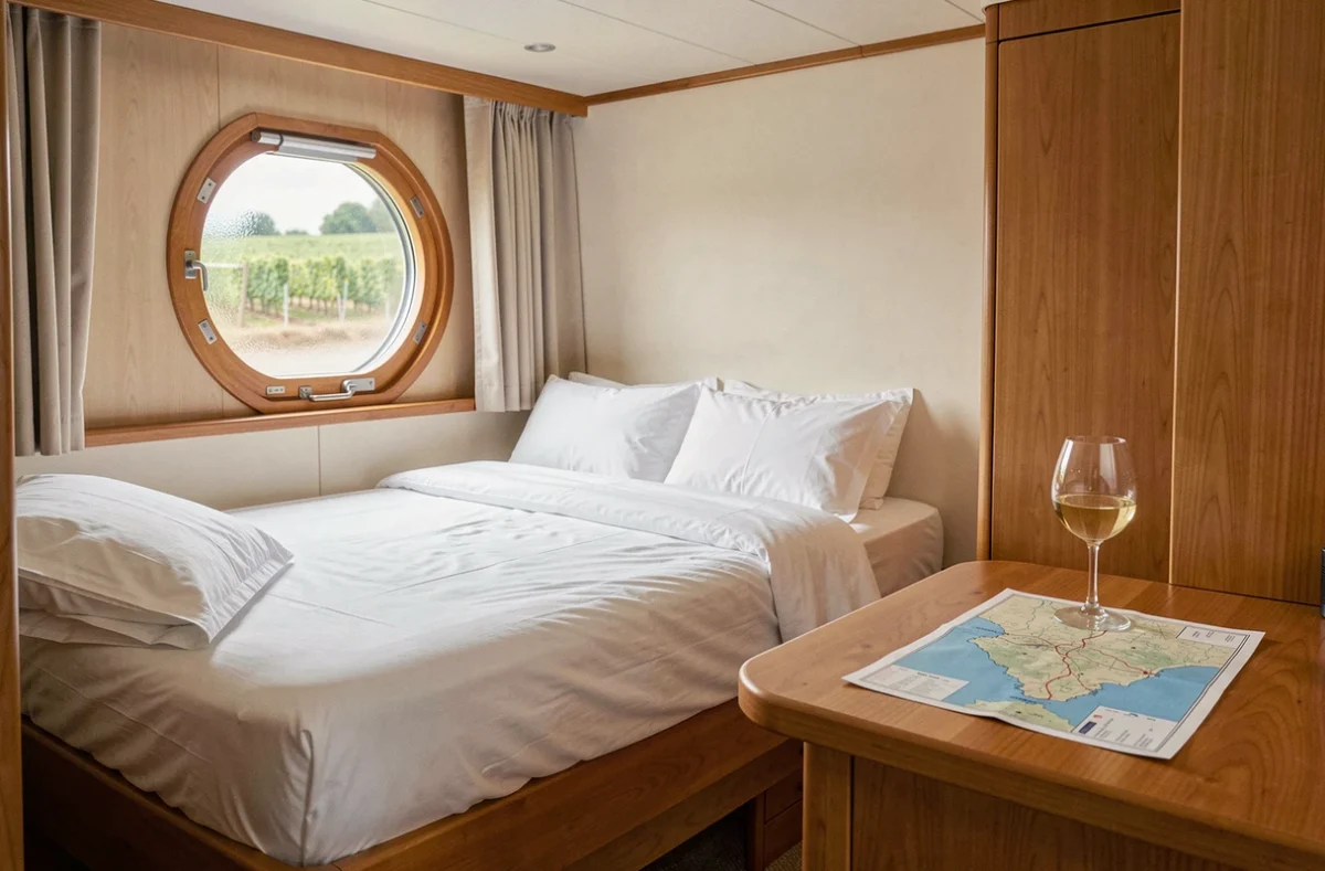 Cabine intérieure d'un bateau de croisière sur la Loire avec vue sur les vignobles