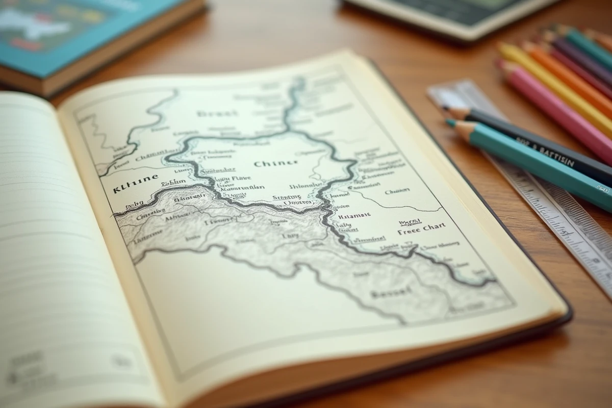 Cahier de géographie scolaire ouvert avec une carte dessinée du fleuve Rhin et des crayons de couleur