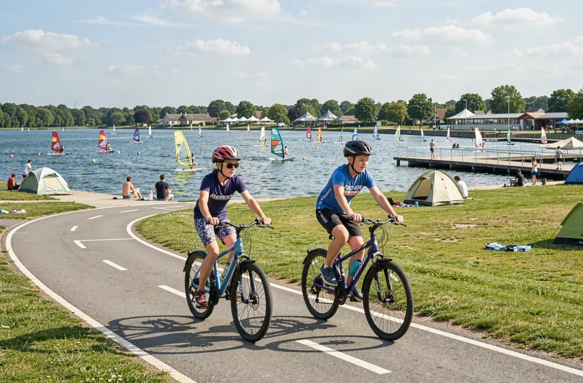 Deux adolescents à vélo sur la piste cyclable de la base de loisirs de Cergy-Pontoise avec le lac et les activités nautiques en arrière-plan