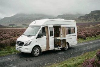 Camping-car blanc garé sur une route des Highlands écossais entouré de landes de bruyère violette et de collines brumeuses