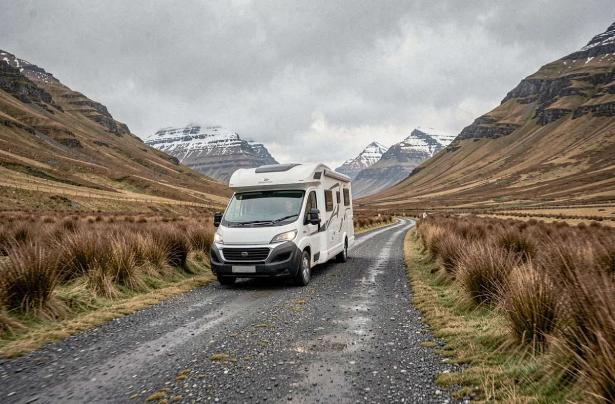 Camping-car sur une route étroite traversant un glen des Highlands écossais avec des sommets enneigés en arrière-plan