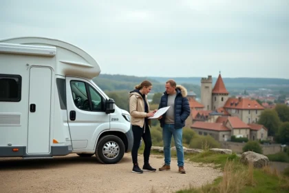 Camping-car stationné à Saint-Valery-sur-Somme avec vue sur les remparts médiévaux et l'estuaire de la Somme