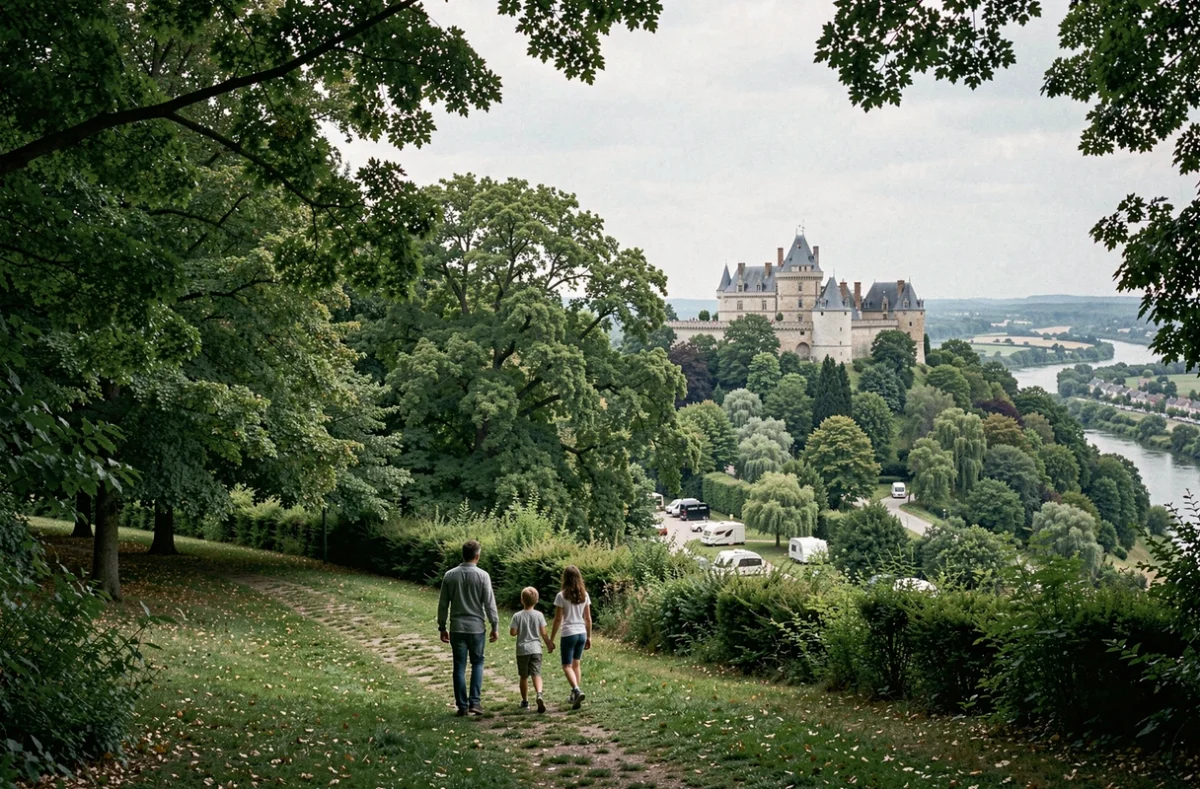 Famille explorant le camping du Château de l'Hautil à Triel-sur-Seine avec la silhouette du château et le panorama sur la vallée de la Seine