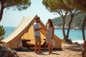 Couple montant une tente sur un camping en bord de mer en Espagne avec vue sur la Méditerranée