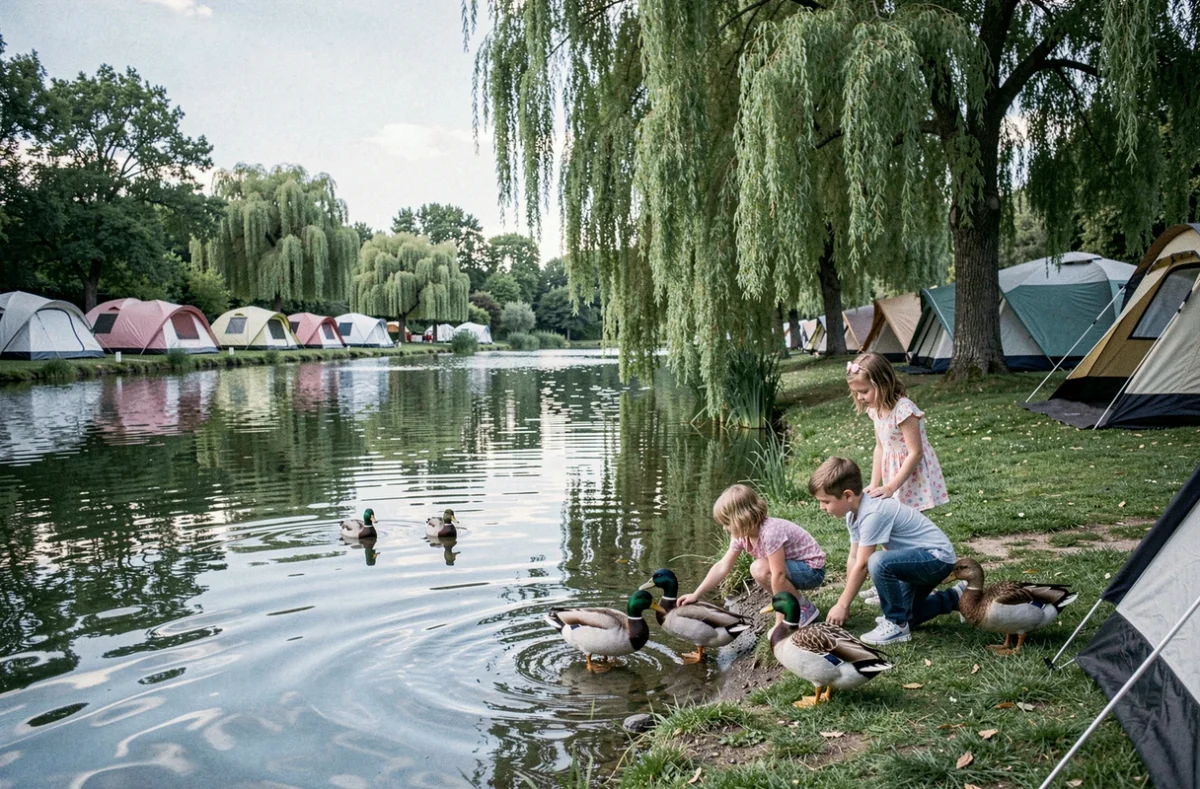Famille nourrissant des canards au bord de l'étang du camping de Villiers-Adam, avec des saules pleureurs se reflétant dans l'eau calme