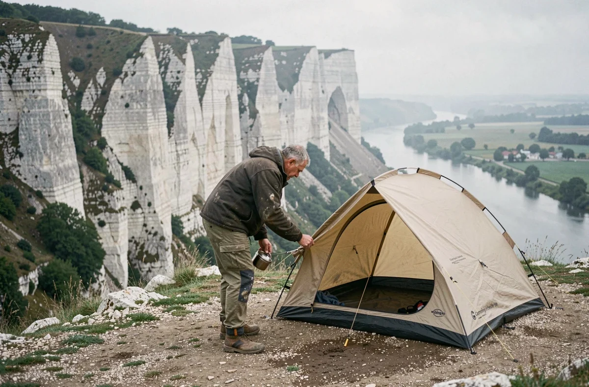 Randonneur installant sa tente au camping de Haute-Isle avec les falaises de craie blanche et la vallée de la Seine en arrière-plan