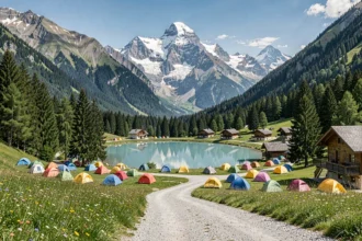 Vue panoramique d'un camping en Haute-Savoie avec tentes colorées, forêts de pins et le massif du Mont Blanc enneigé en arrière-plan
