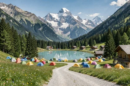 Vue panoramique d'un camping en Haute-Savoie avec tentes colorées, forêts de pins et le massif du Mont Blanc enneigé en arrière-plan