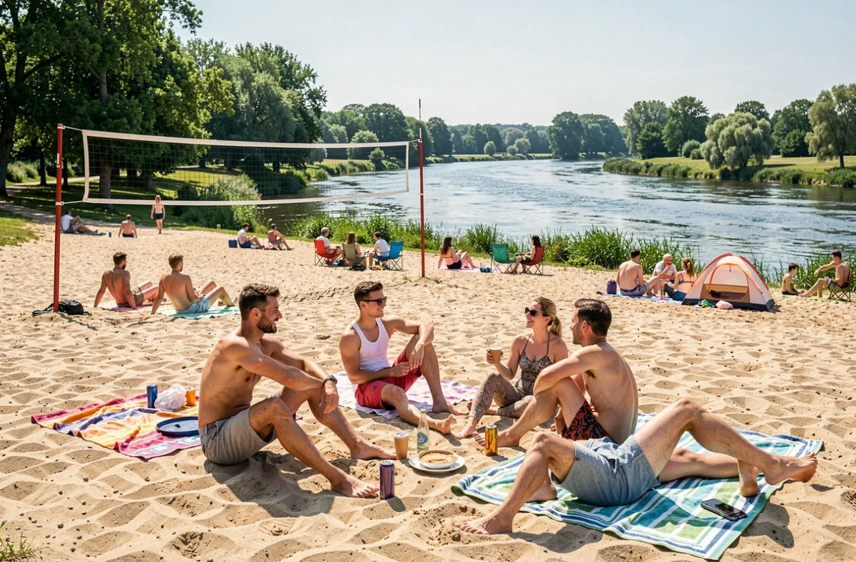 Groupe d'amis se détendant sur la plage de sable du camping de L'Isle-Adam au bord de l'Oise avec les espaces verts du parc en arrière-plan