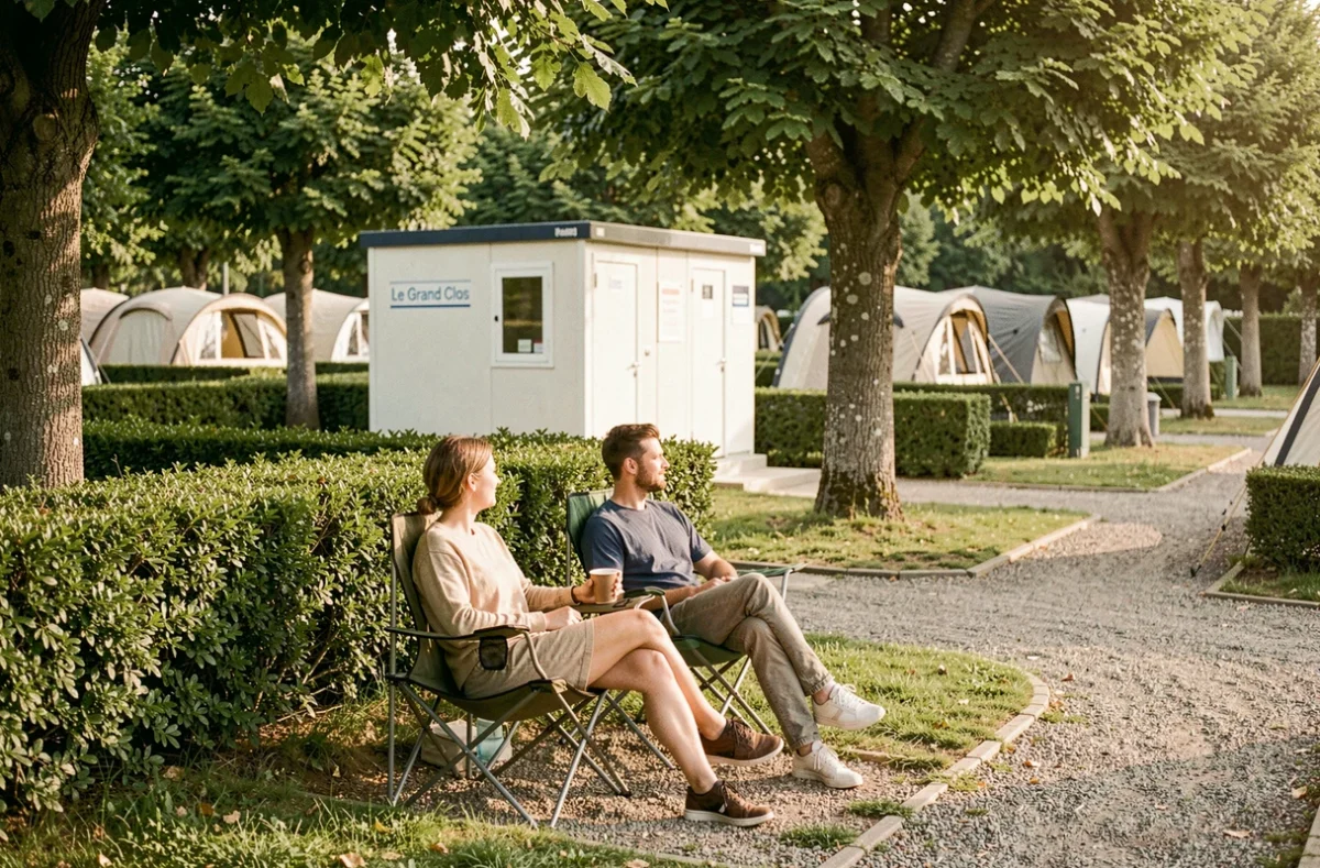 Couple se détendant sur des chaises de camping au Grand Clos, entouré de haies bien entretenues et d'arbres centenaires