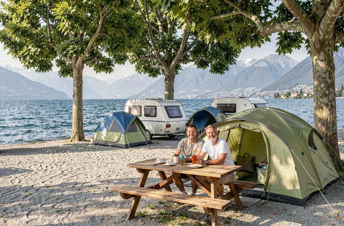 Camping Le Léman Plage avec tentes installées au bord du lac Léman, couple de campeurs à une table de pique-nique sous les arbres