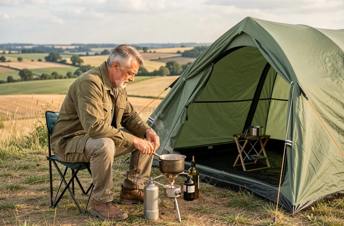 Homme cuisinant sur un réchaud de camping au Maurois avec un paysage champêtre du Val-d'Oise en arrière-plan