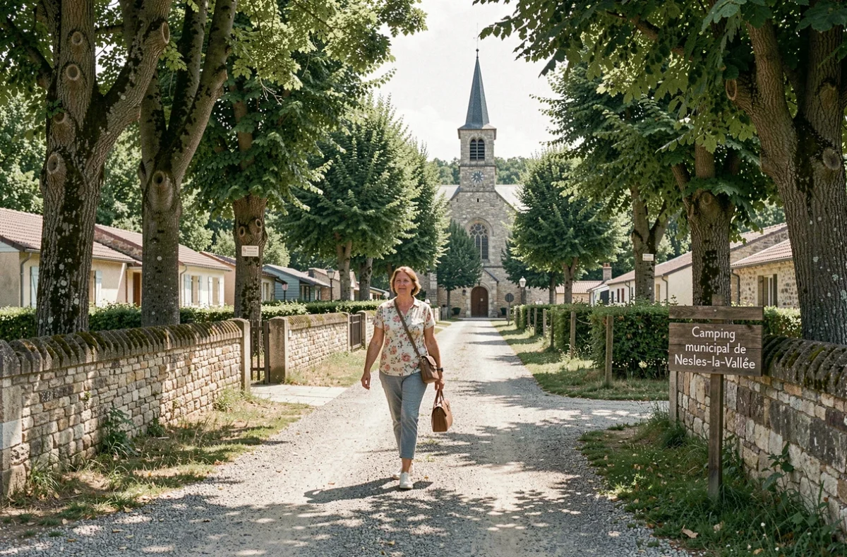 Femme se promenant sur un chemin ombragé du camping municipal de Nesles-la-Vallée avec le clocher du village visible en arrière-plan