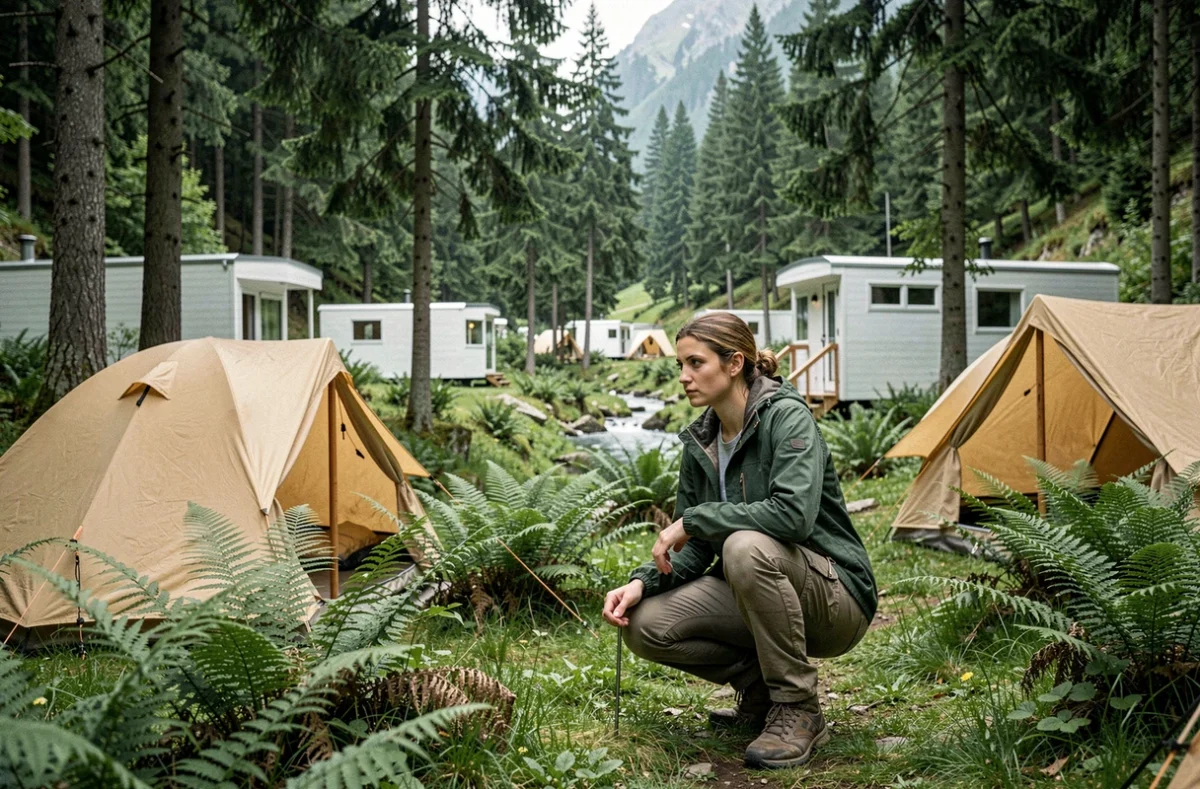 Camping Onlycamp Les Thézières avec cabines blanches et tentes installées entre les épicéas d'une vallée alpine verdoyante
