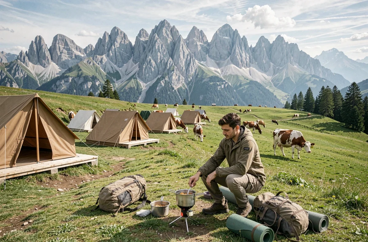 Camping Plan du Fernuy à La Clusaz avec tentes sur plateau alpin, jeune randonneur préparant un repas, massif des Aravis en arrière-plan