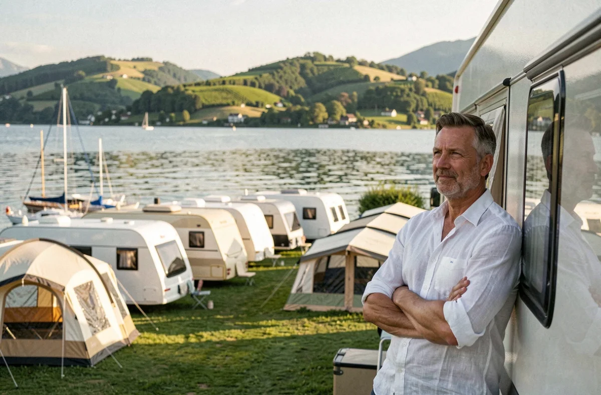 Camping Relais du Léman Pausado avec camping-cars et tentes glamping au bord du lac Léman, voiliers visibles dans la marina