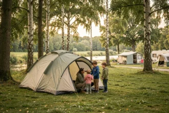 Famille installant une tente dans un camping verdoyant du Val-d'Oise, entourée d'arbres et d'une rivière en arrière-plan