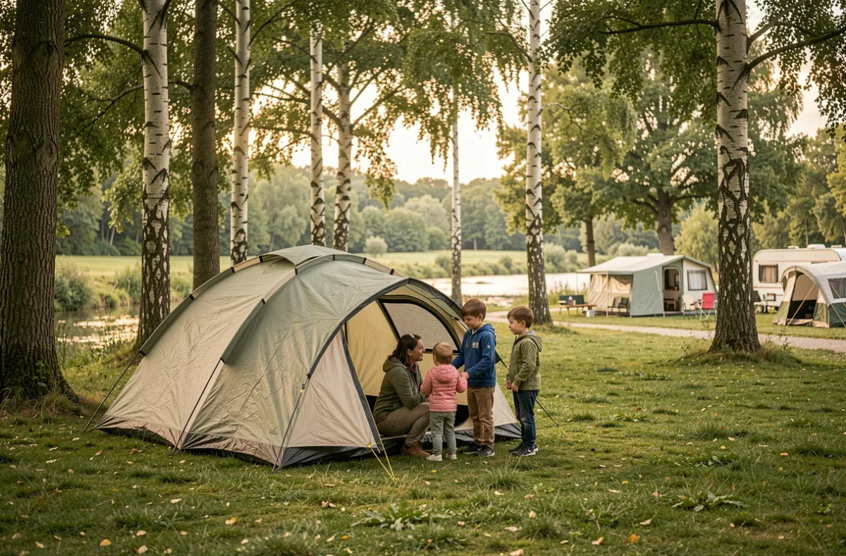 Famille installant une tente dans un camping verdoyant du Val-d'Oise, entourée d'arbres et d'une rivière en arrière-plan
